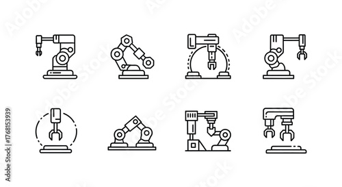 Set of industrial robot arm icons representing automation and manufacturing technology vector