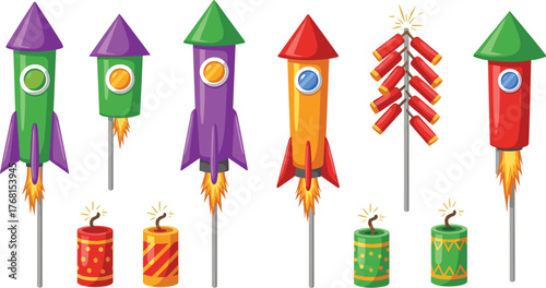 Colorful Firecrackers, Rockets, and Festival Fireworks Vector Illustration Set