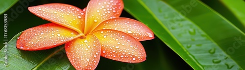 Bright and Vibrant Tropical Flower with Raindrops on Fresh Green Leaves in Exotic Garden Setting