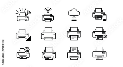 Set of icons representing various printer functions and connectivity options vector