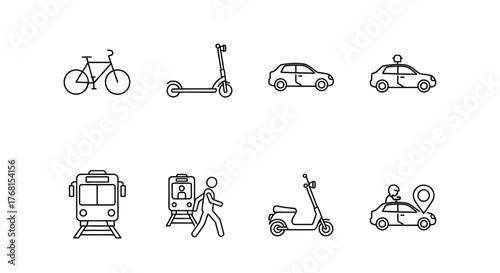 Set of hand-drawn icons representing modern urban transportation and mobility options vector