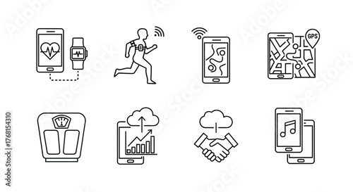 Collection of hand drawn icons representing health fitness and technology gadgets seamless pattern vector