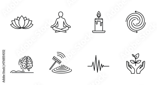 Set of minimalist icons for wellness meditation yoga and mindfulness concepts simple line art vector
