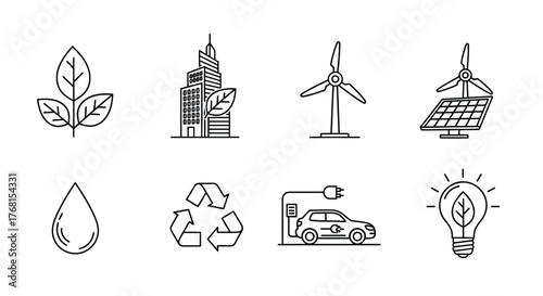 Set of eco-friendly icons representing sustainable energy green living and renewable resources vector