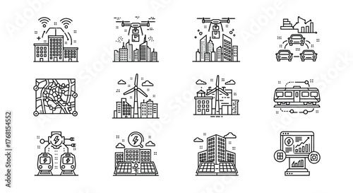 Set of hand drawn city icons and symbols representing urban development and sustainability vector