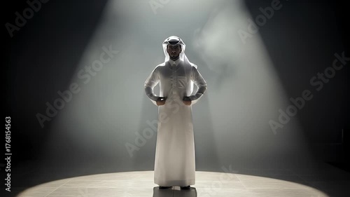 A man in traditional garb stands illuminated by a spotlight in a dim, misty environment