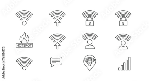 Set of wireless network signal icons with security and location icons vector