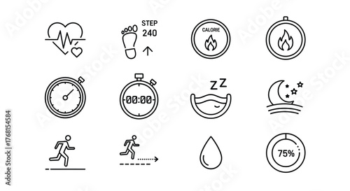 Health and fitness icons set for wellness and activity tracking applications user interface design vector