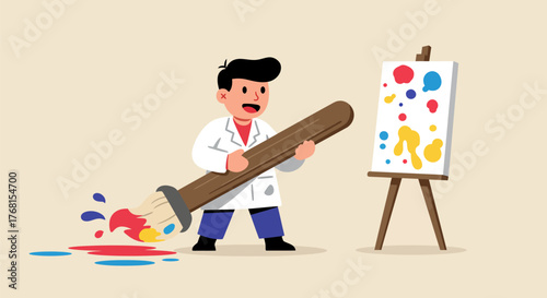 Cartoon man in lab coat painting with a giant brush.
