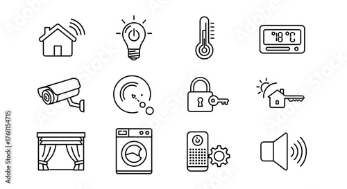 Collection of hand drawn smart home icons representing security automation and convenience technology vector