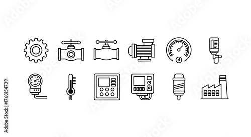 Industrial equipment icons set featuring gears valves meters and control panels for manufacturing and automation vector