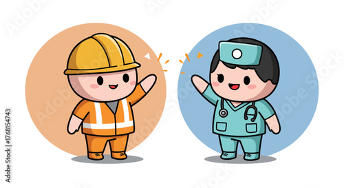 Cute Cartoon Characters of a Construction Worker and a Doctor Waving.