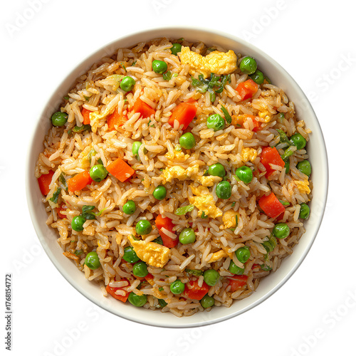 A top view of a bowl filled with fried rice containing peas carrots and egg pieces isolated on transparent background