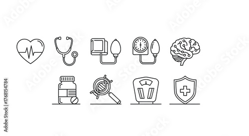 Diverse healthcare icons representing medical research wellness and protection in a clean style vector