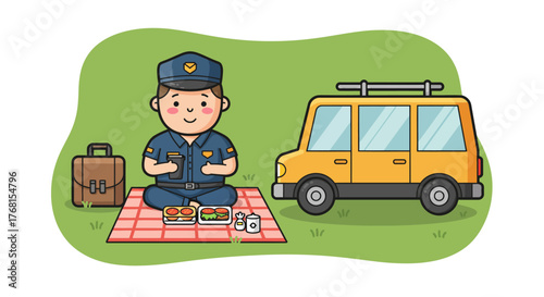 Cute Cartoon Police Officer Enjoying a Picnic Lunch Outdoors.