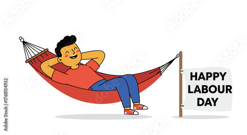 Happy Labour Day celebration with a man relaxing in a hammock.
