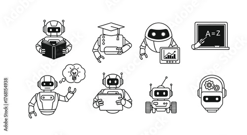Set of eight friendly robot icons representing technology innovation and learning in a clean line art style vector