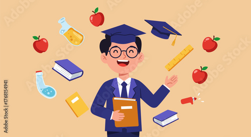 Happy male student in graduation cap surrounded by school supplies.