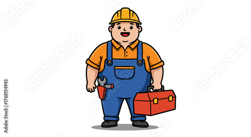 Happy Overweight Cartoon Construction Worker with Tool Box.