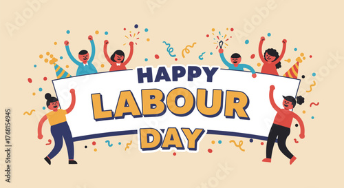 Happy Labour Day celebration with diverse people holding a banner.