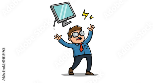 Man in glasses panics as computer monitor falls, symbolizing technology failure.