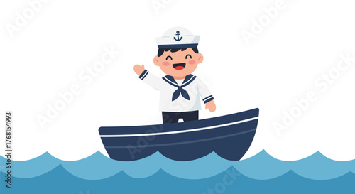 Happy young sailor boy in uniform waving from a small boat on the ocean.