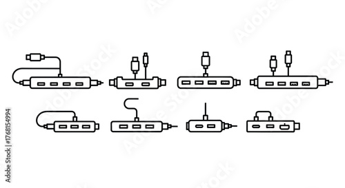 Collection of digital audio video input output interface connectors and adapters simplified line art vector