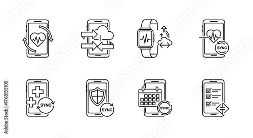 Collection of simple line icons representing medical healthcare and technology on a vector