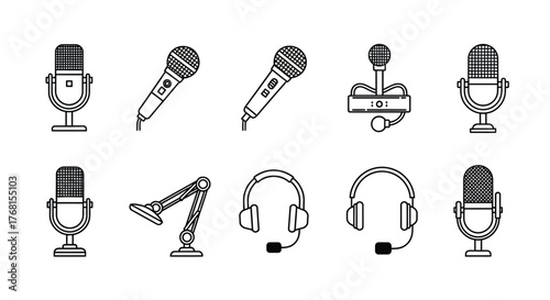 Collection of hand drawn microphones and headphones for podcasting and recording studio use vector