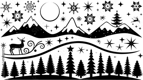 Christmas themed illustration with reindeer sleigh mountains stars and christmas tree silhouettes design