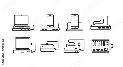 Collection of electronic devices and peripherals represented in clean outline style icons for technology concepts vector
