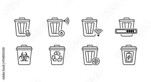 Collection of trash can icons representing recycling and technology concepts vector