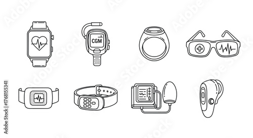 Collection of modern wearable health and fitness trackers and devices line art icons vector