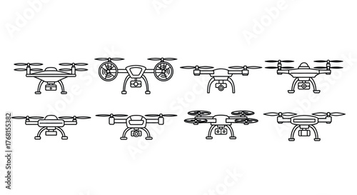 Collection of eight quadcopter drone icons for futuristic technology and aerial photography vector