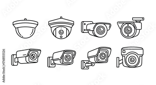 Set of security cameras in a sketched outline style showing dome and bullet camera types vector