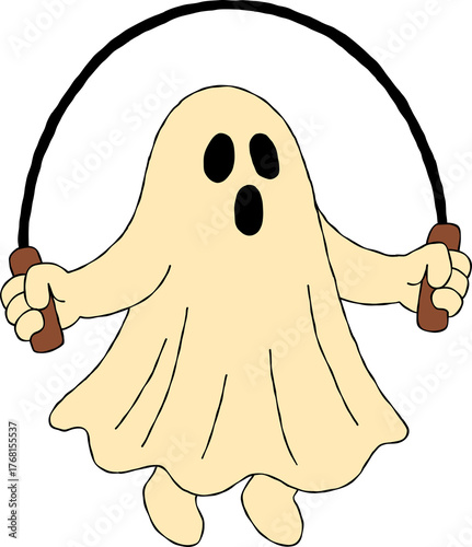 cartoon ghost exercising with a jumping rope drawing