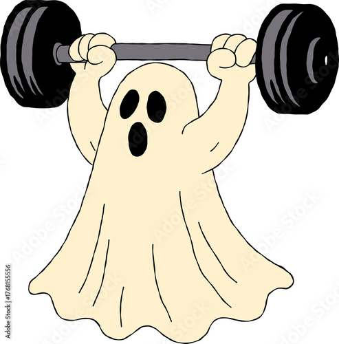 cartoon ghost  lifting weights drawing.