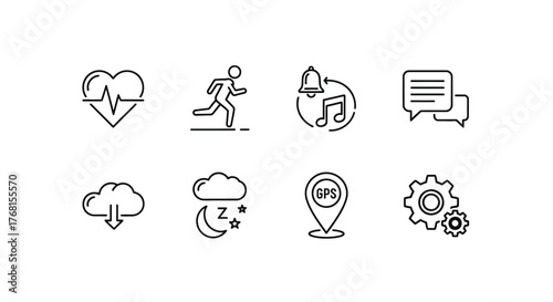 Collection of modern outline icons representing health fitness cloud technology communication and business vector