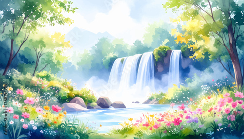 Bright waterfall and colorful flowers in sunny nature. Peaceful spring waterfall with blooming garden view. Watercolor waterfall landscape full of fresh beauty