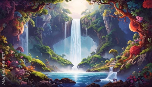 Magical waterfall oasis with glowing forest paradise scenery. Enchanted hidden waterfall surrounded by lush fantasy nature. Dreamlike tropical cascade in vibrant mystical jungle valley