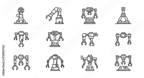 Collection of twelve industrial robot arms and robotic figures diverse designs for automation and manufacturing vector