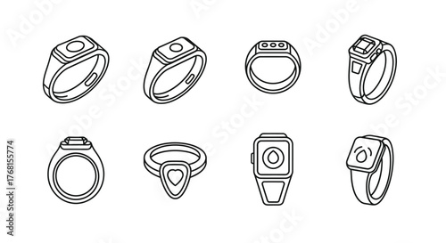 Collection of sketchy rings displaying diverse designs for fashion jewelry and accessories vector