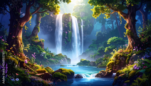 Night waterfall glowing in magical enchanted forest. Tropical waterfall illuminated by moonlit nature. Peaceful night river and waterfall fantasy scenery. Enchanted waterfall under starlit lush forest