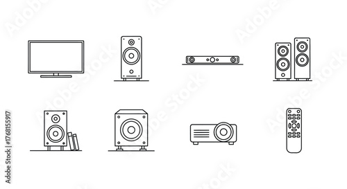 Collection of hand-drawn style home entertainment electronic devices and accessories icon set vector