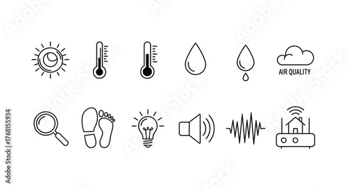 Hand drawn weather and technology icons set featuring sun thermometer rain cloud light bulb and sound waves vector