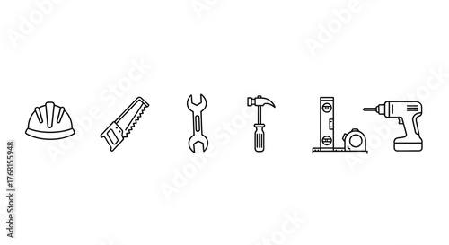 Collection of hand drawn construction tools including hard hat wrench hammer and drill vector