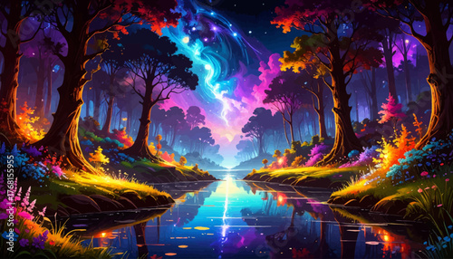 Swirling galaxy lighting a magical forest river at night. Mystery night forest filled with cosmic shining energy. Dreamlike river path to glowing galactic skies