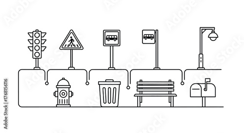 Urban street furniture and signs outline collection for cityscape design elements vector