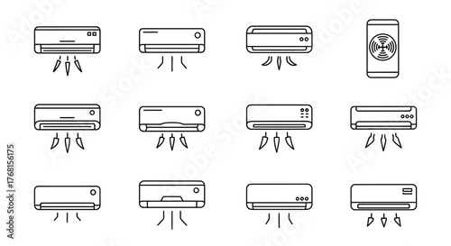 Collection of wall mounted air conditioner units with airflow icons clean and modern design vector