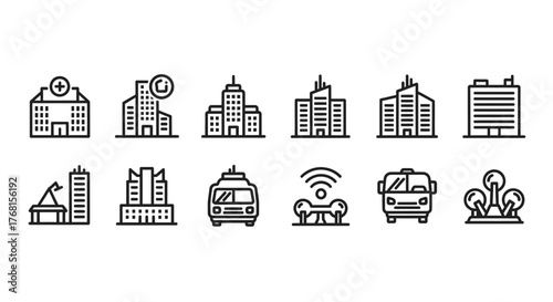 Set of smart city icons featuring buildings transportation technology and green spaces vector